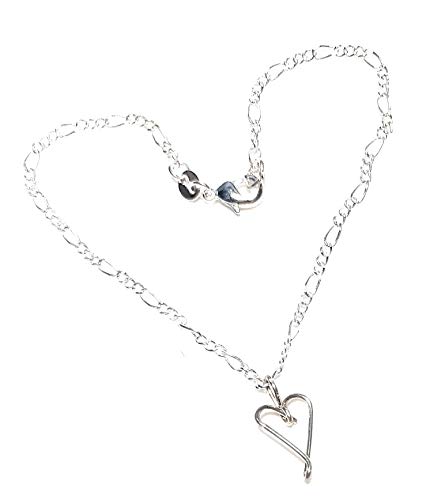 Sterling Silver plated Anklet Ankle Bracelet Heart charm 8 inch, 9 inch, 10 inch, 11 inch, 12 inch, 13 inch 2 mm Figaro chain