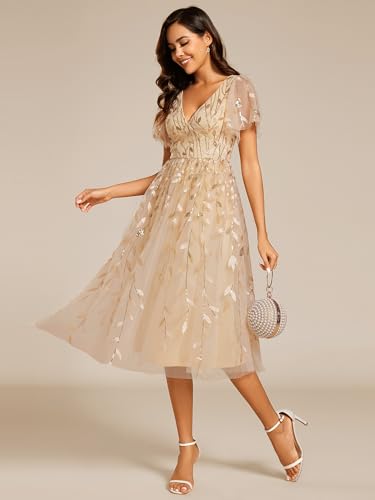 Ever-Pretty EG02230GD12-USA Women'S Sexy Summer Tulle Sequin Midi V-Neck A Line Wedding Guest Dress Gold Us12 thumb #3