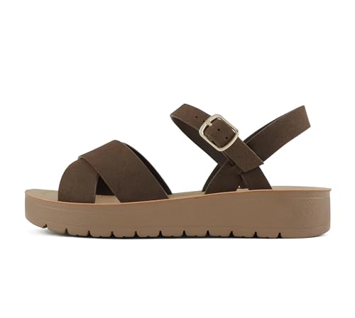 Image of Soda CHESTER ~ Women Flat Sandals Flatform Ankle Buckle Criss Cross Band Straps Sandals Shoes (Gold Raffia, 5.5)
