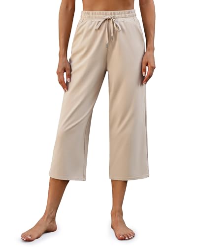 G4Free Women Yoga Pants for Summer Wide Leg Capris with Drawstring Pockets(Light Khaki,XXL,22')