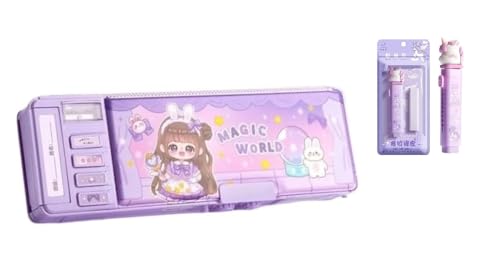 Image of INVITE New Cartoon Theme Pencil Box with Push Pull Eraser Set for Kids | Suitcase Style Password Lock Stationery Organizer | School Supplies Gift Combo for Boys & Girls (Magic Purple Compass + Eraser)