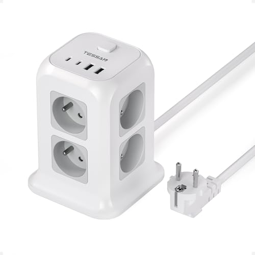 TESSAN Tour Multiprise 8 Sorties AC Françaises avec 4 USB (2A2C), Multiprise avec Interrupteur Rallonge Electrique 2m, Prise Multiple 4000W Parafoudre et...