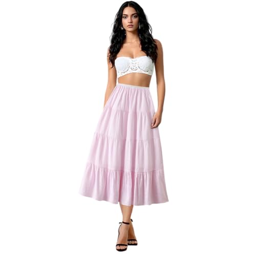 Women's Pleated A-Line High Waist Swing Flare Midi Skirt for Women Sweet A-Line Flare Dress with Adjustable Waistband, Pink2