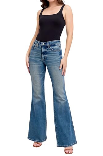 Judy Blue Mid Rise Tummy Control Vintage Wash Back Shield Pocket Flare, Inseam 33"2