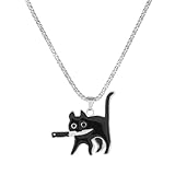 Niaspi Black Cat Pendant Necklaces Killer Hold a Knife Kitty Animal Silver Snake Chain Necklace Unique Funny Halloween Jewelry Gifts for Pet Lover