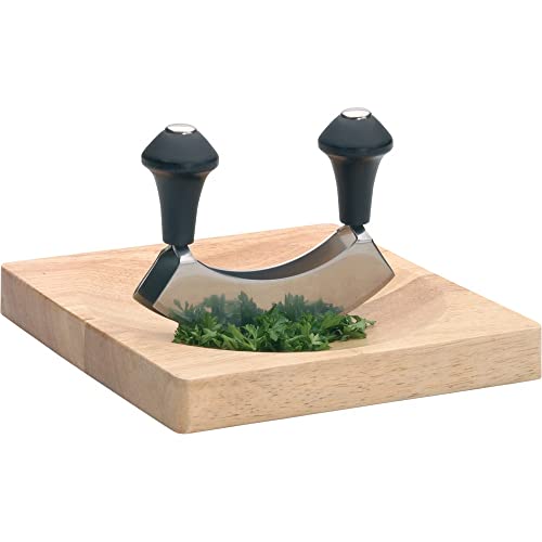 KitchenCraft Mezzaluna Chopper and Wooden Chopping Board Stainless Steel Double Blade Knife/Wood 2 Piece Set Silver/Black