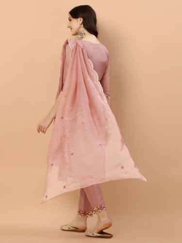 Image of NIVANA Womens Pakistani Embroidered Kurta with Pant & Dupatta | Organza Kurta Set with Round Neck & 3 /4 Sleeves | Traditional Ethnic Wear for Festive and Party Occasions