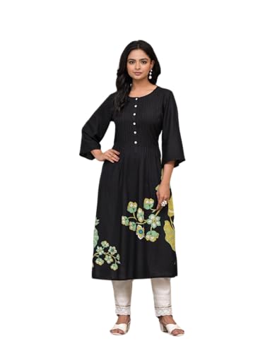 Image of Juniper Black Floral Printed Liva Rayon Kurta with Buttons