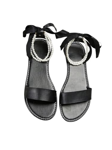 GORGLITTER Women's Bow Pearl Flat Sandals Ankle Strap Lace Up Open Toe Dressy Slides Shoes