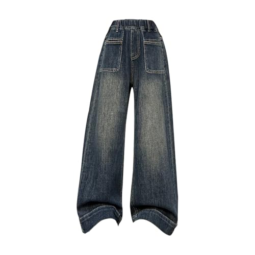 Girls Wide Leg Pants Baggy Boot-Cut Stretch Jeans Kids Elastic High Waist Casual Washed Demin Pants with Pockets