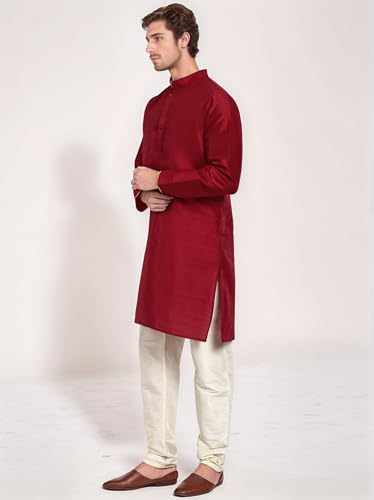 Image of SKAVIJ Men's Art Silk Contrast Kurta Pyjama Set Woven Design 2-Piece Festive Ethnic Dress