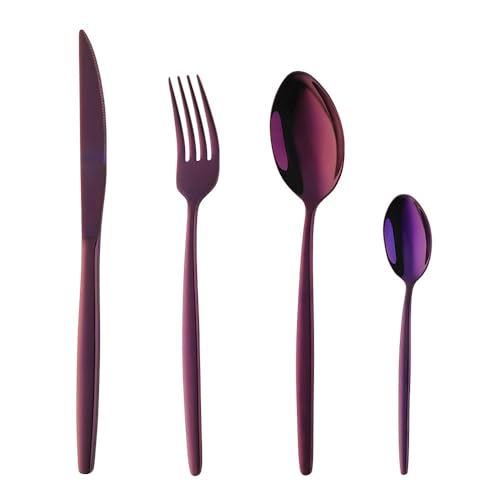 YDware Besteck Lila Besteck set 4-teilige Edelstahl Gabeln Löffel Teelöffel Steakmesser für 1 Personen Cutlery Set für Haus Küche Restaurant