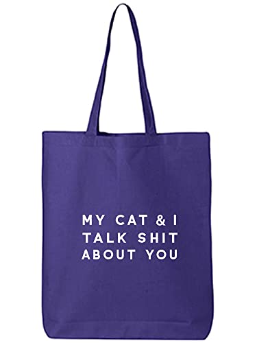 zerogravitee My Cat & I Talk Shit About You Cotton Canvas Tote Bag in Purple - One Size