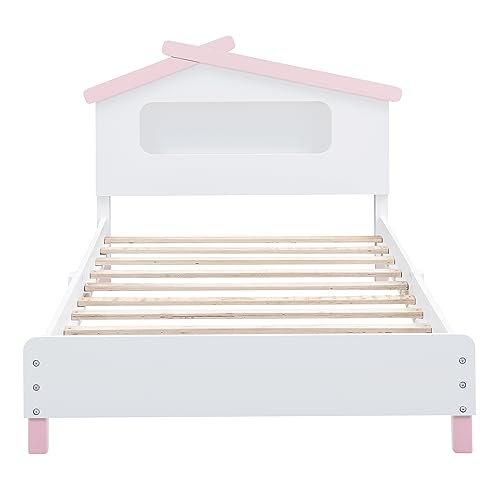 Twin-Size-Wooden-Platform-Bed-with-House-Shaped-Headboard-and-Motion-Activated-Night-LightsPine-Wood-Bed-Frame-WSlats-Support-for-Kids-Boys-GirlsNo-Box-Spring-NeededWhitePink Twin Size Wooden Platform Bed with House Shaped Headboard and Motion Activated Night LightsPine Wood Bed Frame WSlats Support for Kids Boys GirlsNo Box Spring NeededWhitePink
