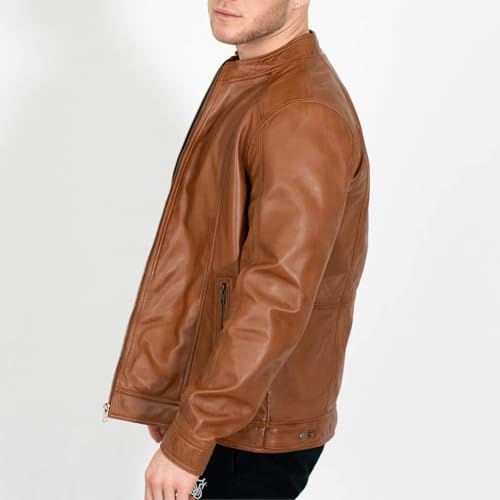 Image of BRICK LANE Stand Collar Leather Jacket for Men | Timeless Design - Genuine Lamb Nappa Leather Cafe Racer Jacket