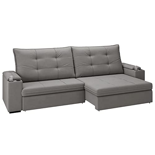 Sofá 4 Lugares com Porta Copos Retrátil e Reclinável França Luizzi 2,30m Suede Cinza