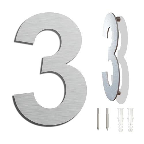 Edelstahl Hausnummer - Wetterfest und Pflegeleicht - Metallic Mattes Silber Finish - Moderner Schwebender Aussehen und Einfache Installation - Höhe 152 mm - Arial Ziffer 3