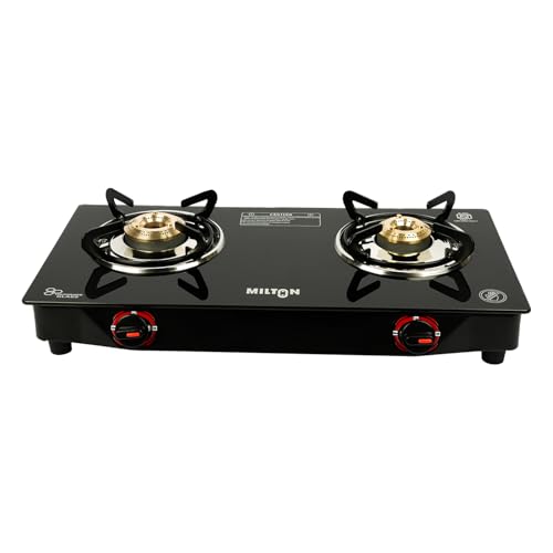 MILTON Premium 2 Burner Black Manual Ignition Glass Top Gas Stove, (ISI Certified)