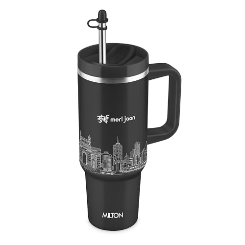 Image of MILTON Malmo 1200 Thermosteel Double Wall Vacuum Insulated Stainless Steel Tumbler with Handle 1100ml, Travel Mug with Straw,Silicon Cap,Cleaning Brush,Hot & Cold Beverage Flask,Mumbai Black