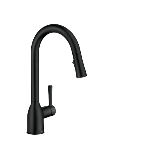 Image of Moen Adler Matte Black One-Handle High Arc Kitchen Sink Faucet with Power Clean, Modern Kitchen Faucet with Pull Down Sprayer, 87233BL