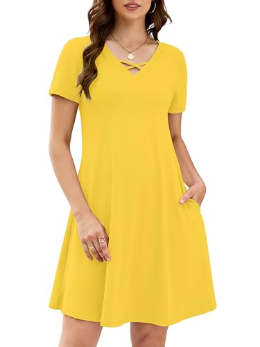 Image of KORSIS Women's Dresses Summer Casual T-Shirt Short Sleeve Criss Cross V Neck Swing Beach Vacation Sundress Dress with Pockets