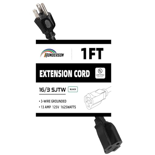 HONDERSON Extension Cord, UL Listed, 16 Gauge 1FT Black 3 Prong Heavy Duty, 16/3 SJTW 13A Power Cord for Lights, Appliances, Lawn