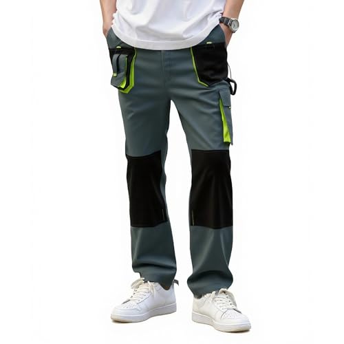 Maizoon Pantalones de Trabajo Industriales Duradero para Hombre Cargo Resistentes Bolsillos en Las Rodillas con Cremallera para Mecánica Construcción y Taller Verde y Gris L