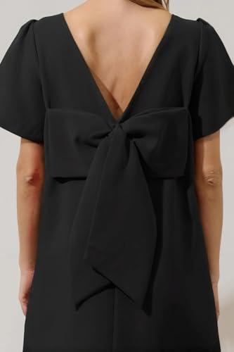 Kedera Women's Casual Mini Bow Crew Neck Short Sleeves Loose Dresses Swing Solid Shift Dress with Pockets4