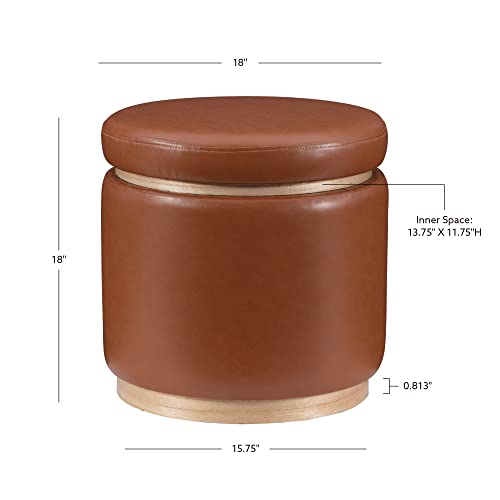 Lexington Caramel Faux Leather Round Storage Ottoman with Wood Accent by Linon
