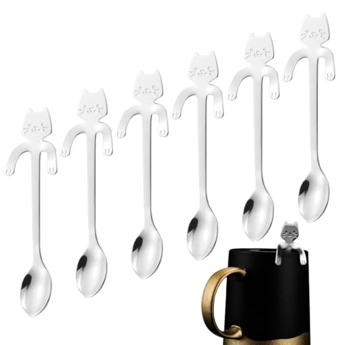 OUDQFCJ Set di 6 Cucchiaini in Acciaio Inox per Amanti dei Gatti, Cucchiaini da Caffè Particolari e Tè come Decorazione Divertente e Regalo
