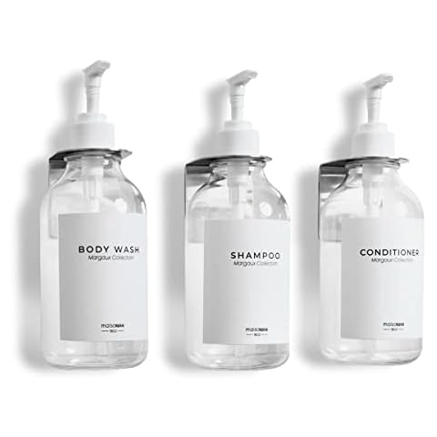 MaisoNovo Shampoo Dispenser for Shower Wall 3 Chamber - Drill Free Shower Soap Dispenser Wall Mount with Waterproof Labels | 3 Clear Bottles 3 Silver Wall Mounts Cover