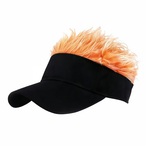 Hiiooweiyi Mens Visor Hat with Fake Hairs Visor Hat with Hair for Men Funny Spiked Sun Hats Adjustable Baseball Wig Cap Golf Cap for Birthday Halloween Christmas - Black and Orange