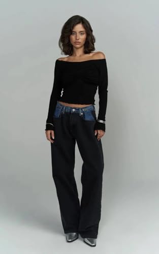 PIRAL Women's Tri-Fold Jeans – 100% Cotton, Adjustable Waist, High-Rise Black Denim4