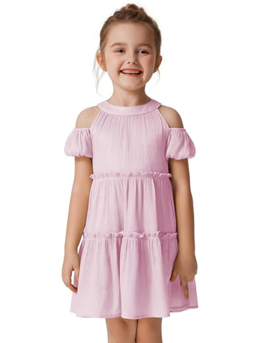 Quedoris Girls Halter Neck Crinkle Dress Puff Sleeve Off Shoulder A-line Tiered Swing Party Casual Dress with Zipper