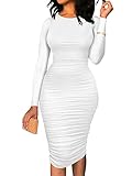 BEAGIMEG Women's Ruched Long Sleeve Elegant Bodycon Basic Casual Midi Dress White