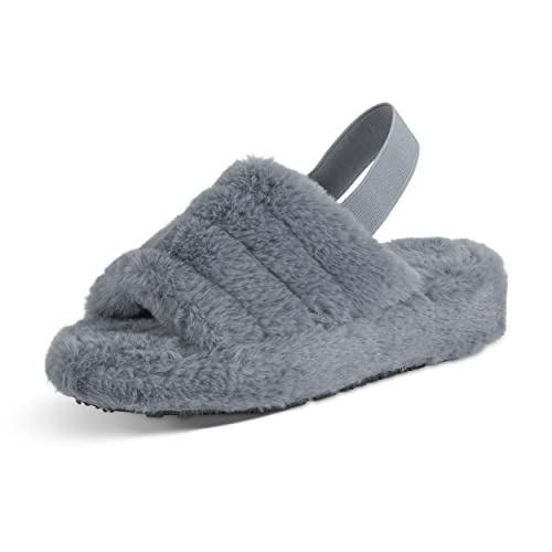 Polar Womens Slippers - Open Toe Slip On Slippers Women with Elastic Strap - Anti-Skid Fluffy Slippers for Indoor - Warm House Slipper Sandals - Memory Foam Fluffy Slider Grey AEA0700/UK8