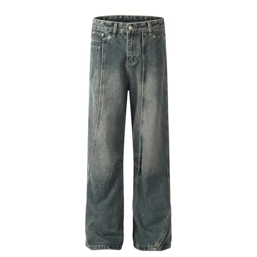 Jeans Pants Trouser Denim Retro Trendy Street Irregular Commuter Washed Blue Straight Leg for Men