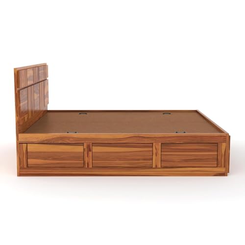 Image of Solid Sheesham Wood King Size Bed with Storage | Modern Wooden Bed with Box Storage | Strong Durable Bed Frame with Designer Headboard | Ideal for Bedroom Home & Hotel (Honey Finish)