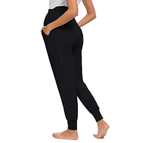 Zenicham Women's Maternity Pants Super Soft Jogger Sweatpants With Pockets Black #TOP1