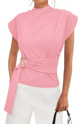 PRETTYGARDEN Women Blouses Spring Dressy Cap Sleeve Mock Neck Work Shirts Buckle Tunic Summer Business Casual Tops 2026(Pink Large)