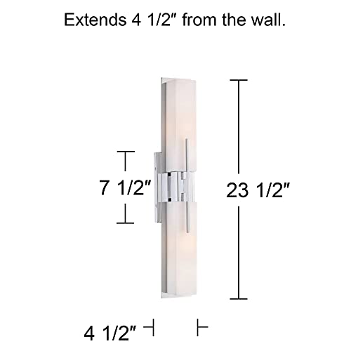 Image of Possini Euro Design Midtown Mid Century Modern Wall Mount Light Chrome Silver Metal 23 1 /2 inch Wide 2-Light Vanity Fixture Rectangular White Glass Shades Decor for Bathroom Over Mirror House Home