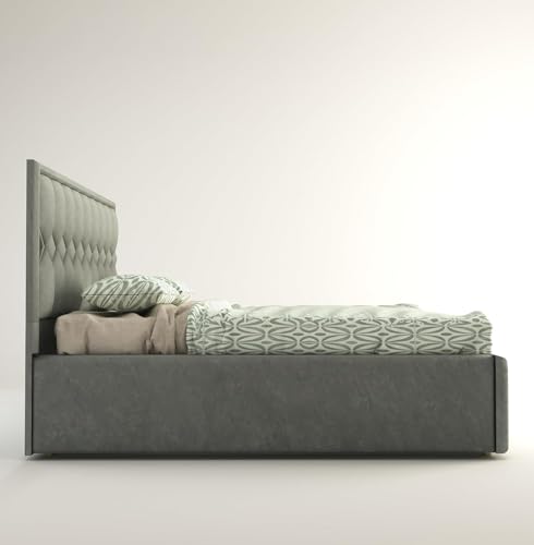Image of Premium King Size Upholstered Bed with Padded Headboard | Platform Bed for Master Bedroom, Comfortable Back Support & Elegant Bedroom Furniture | Strong & Durable Solid Wood Frame | Grey
