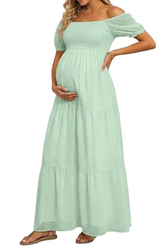 Image of Off The Shoulder Maternity Dress for Baby Shower - Women's Boho Swiss Dot Smocked Puff Sleeve Maxi Dress