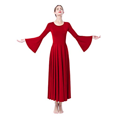 IWEMEK Femmes Robe de Danse Liturgique Lyrique Robe à Manches Cloche Longues Plaine Robes d'église de Prière Justaucorps de Latin Bal Cérémonie Gymnastique Costume Rouge M