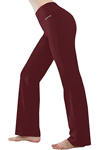 HISKYWIN Inner Pocket Yoga Pants 4 Way Stretch Tummy Control Workout Running Pants, Long Bootleg Flare Pants HF2-Bordeaux-M