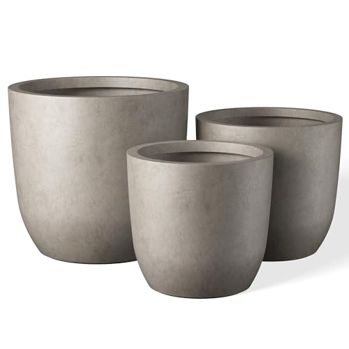 Kante 20",16.5",13.4" Dia Round Concrete Planters (Set of 3), Outdoor Indoor Modern Decorative Garden Pots with Drainage Hole & Rubber Plug for Home & Garden, Weathered Concrete