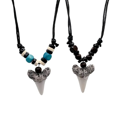 PYNASA 2 Pcs Set Shark Tooth Charm Necklace for Men Women BOHO Shark Teeth Pendant Necklace For Beach Surfer Adjustable Leather Cord Resin Beaded Shark Tooth Jewelry Necklace (Blue and black)