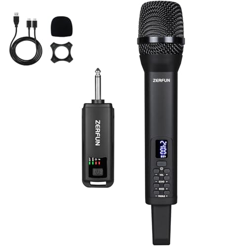 How To Sing Karaoke 3 ZERFUN Rechargeable Wireless Microphone, Pro Handheld Cordless Mics System Dynamic with Echo Treble BASS VOL Control for Karaoke Singing Church Party, 1/4'' Output, D240, Black