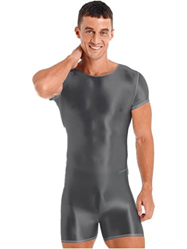Daenrui Men's Spandex Bodysuit Dance Unitard One-piece Biketard Short Sleeve Athletic Wrestling Singlet Grey Large