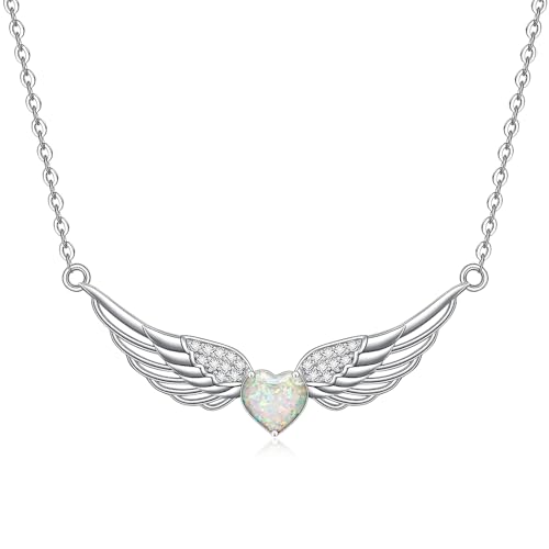 Angel Wings Necklace Sterling Silver Guardian Angel Wing Necklace for Women Opal Heart Pendant for Christmas Jewelry Birthday Gifts